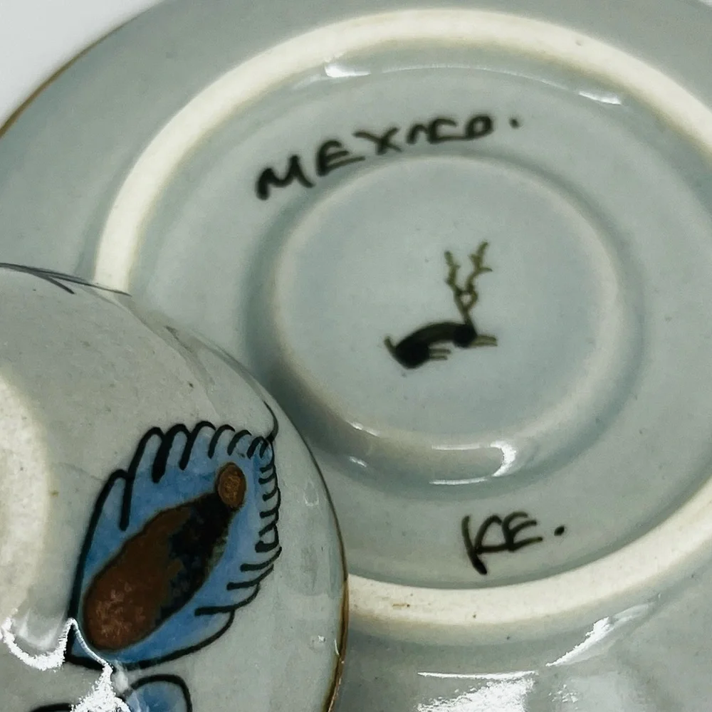 Vintage Ken Edwards Tonala Pottery Cup & Saucer Set El Palomar Blue Bird Signed - Picture 12 of 14